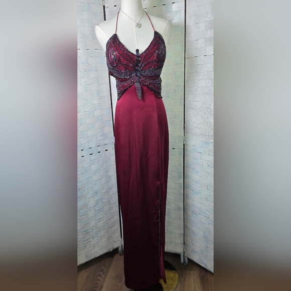 90's VNTG. CACHE Burgundy Backless Butterfly Halter Gown With Wrap - Picture 3 of 9